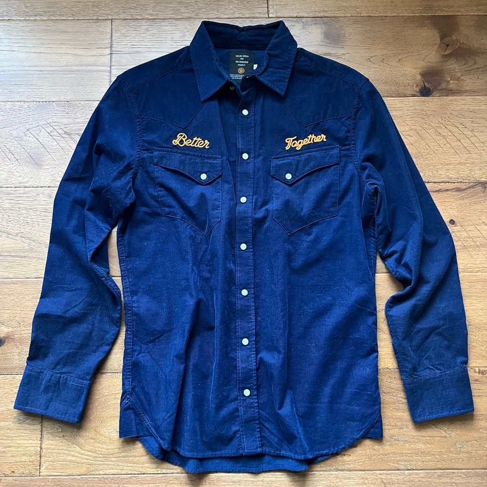 Taylor Stitch Men's Navy Blue Western Shirt with 'Better Together' Embroidery